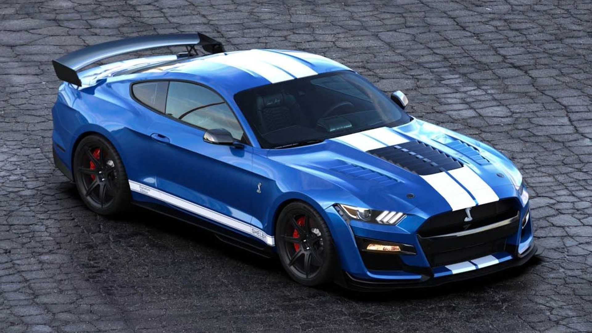 نمای جلو خودرو فورد موستانگ شلبی / Ford Mustang آبی رنگ در خیابان سنگ فرش